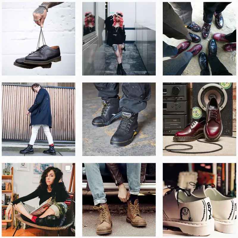 Instagram grid of nine Dr. Martens shots: brogues, boots and shoes worn by different people