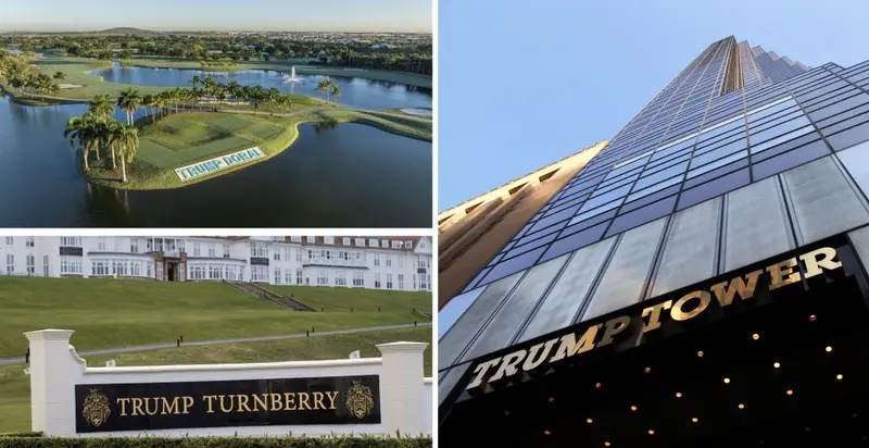 Trump-branded properties including Trump Doral golf resort, Trump Turnberry in Scotland and Trump Tower, showing the Trump name across luxury real estate and golf.