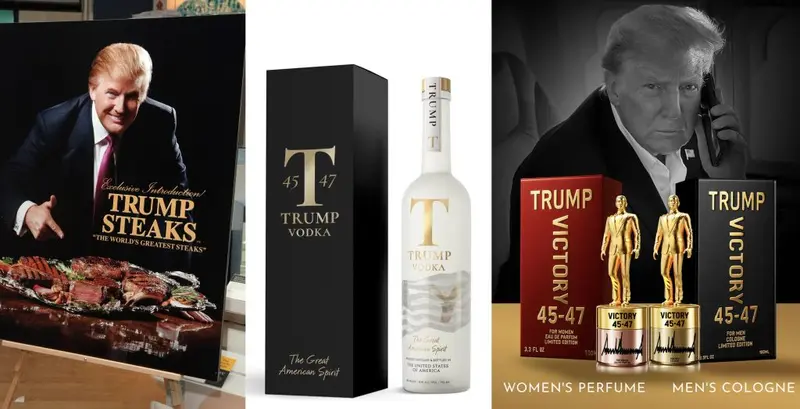Examples of Donald Trump’s personal brand extended across consumer products, including Trump Steaks, Trump Vodka and Trump-branded fragrances.