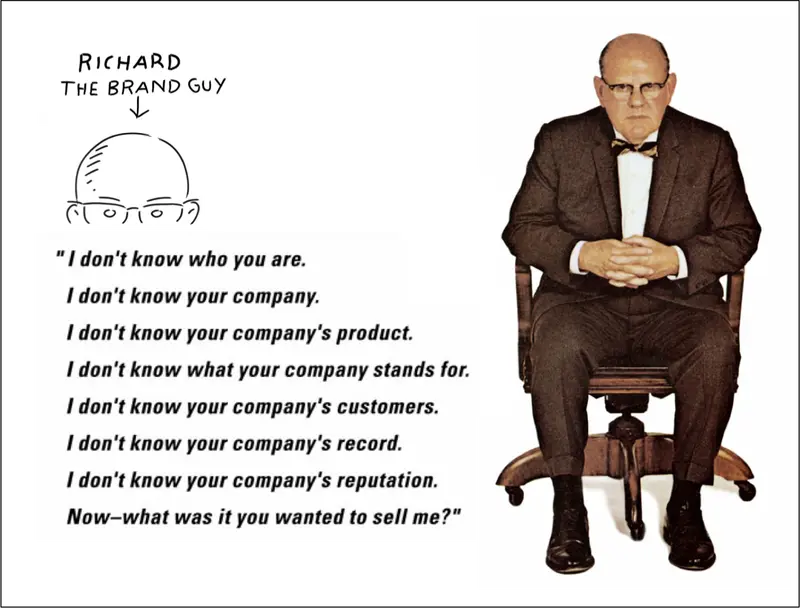 "Richard The Brand Guy" sketch beside the classic McGraw-Hill ad: a stern man in a chair saying "I don't know who you are… Now, what was it you wanted to sell me?"