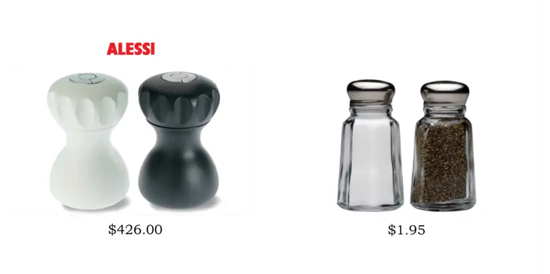 Alessi salt and pepper shakers priced at $426.00 beside a plain glass pair at $1.95