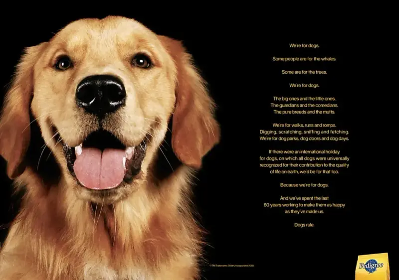Pedigree manifesto ad: a smiling golden retriever beside the text We're for dogs ... Dogs rule