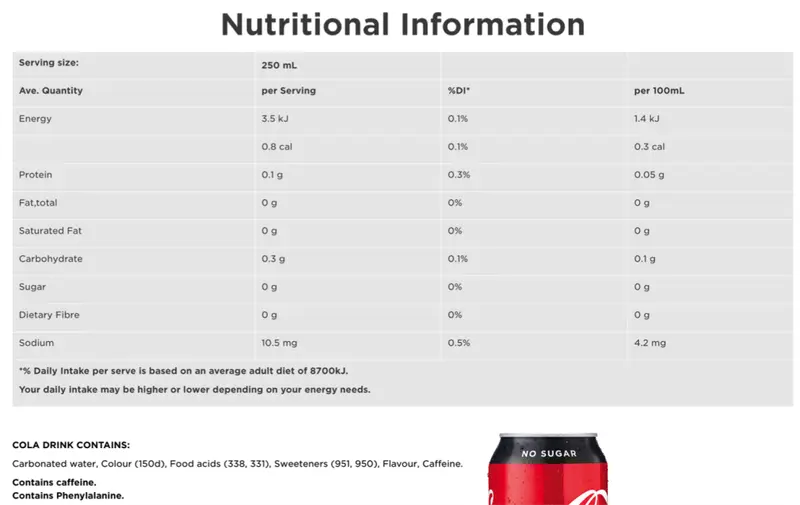 Coca-Cola No Sugar nutrition panel: 10.5mg sodium per serve, same sweeteners, plus 'Flavour'