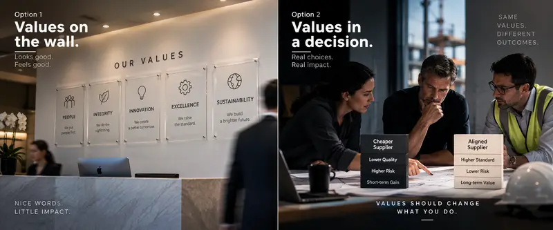 Split-screen visual contrasting corporate values displayed on an office wall with values actively guiding a real business decision, showing that values only matter when they change behaviour.