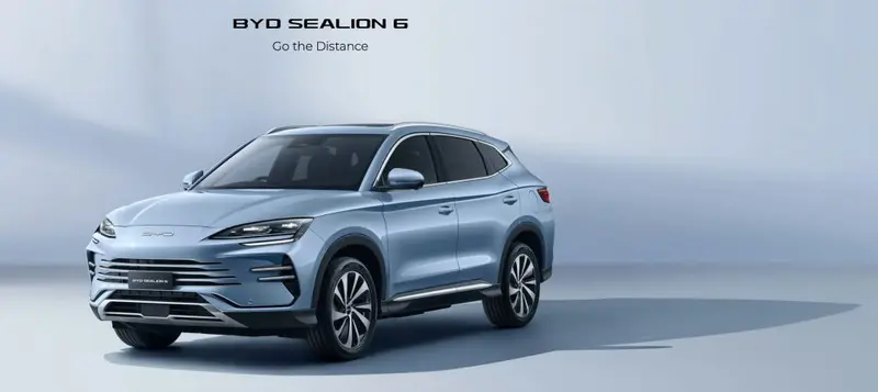 Light blue BYD Sealion 6 SUV with the tagline 'Go the Distance'