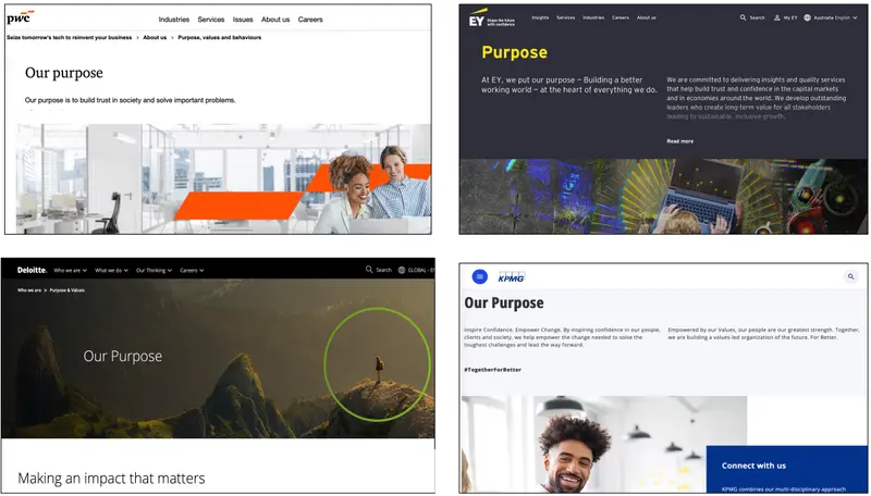 Purpose statements from PwC, EY, Deloitte and KPMG showing how the Big Four publicly define their values and role in society. Purpose statements from PwC, EY, Deloitte and KPMG showing how the Big Four publicly define their values and role in society.