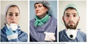 Portraits of three Italian ICU health workers in scrubs and caps, masks pulled down after a shift