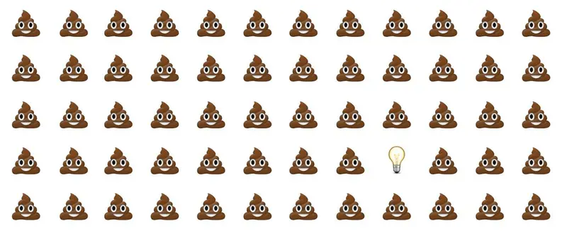 Rows of identical poo emoji with a single light bulb among them