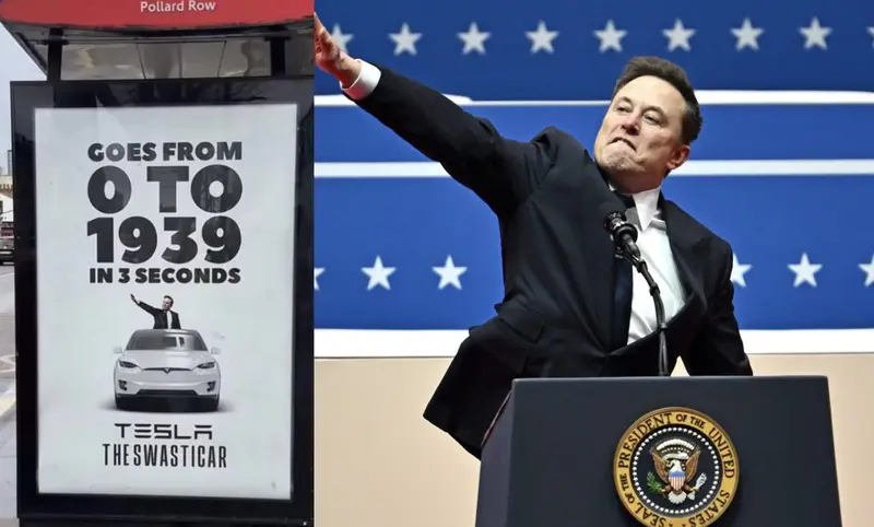 London bus-stop poster 'Tesla: The Swasticar' beside Musk making a straight-arm gesture at a podium