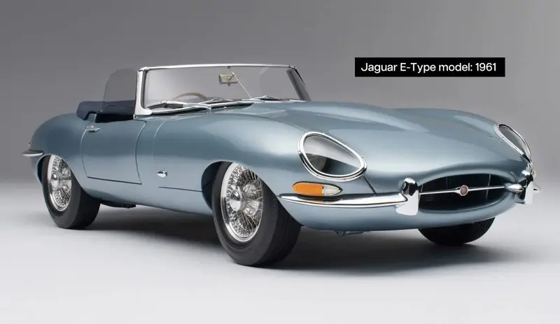 Pale blue 1961 Jaguar E-Type convertible with chrome wire wheels