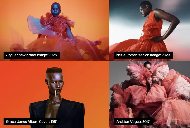 Jaguar 2025 brand image beside similar looks: Net-a-Porter 2023, a 1981 Grace Jones album cover and Arabian Vogue 2017