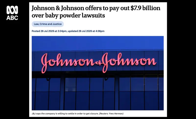 ABC News report on Johnson & Johnson’s proposed $7.9 billion Australian-dollar settlement over baby powder lawsuits, featuring the J&J logo.