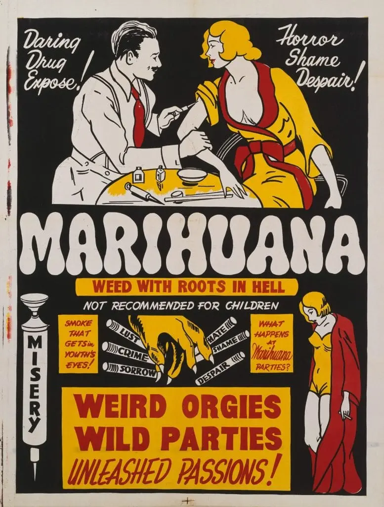 Vintage anti-cannabis film poster: 'Marihuana, weed with roots in hell. Weird orgies, wild parties, unleashed passions!'